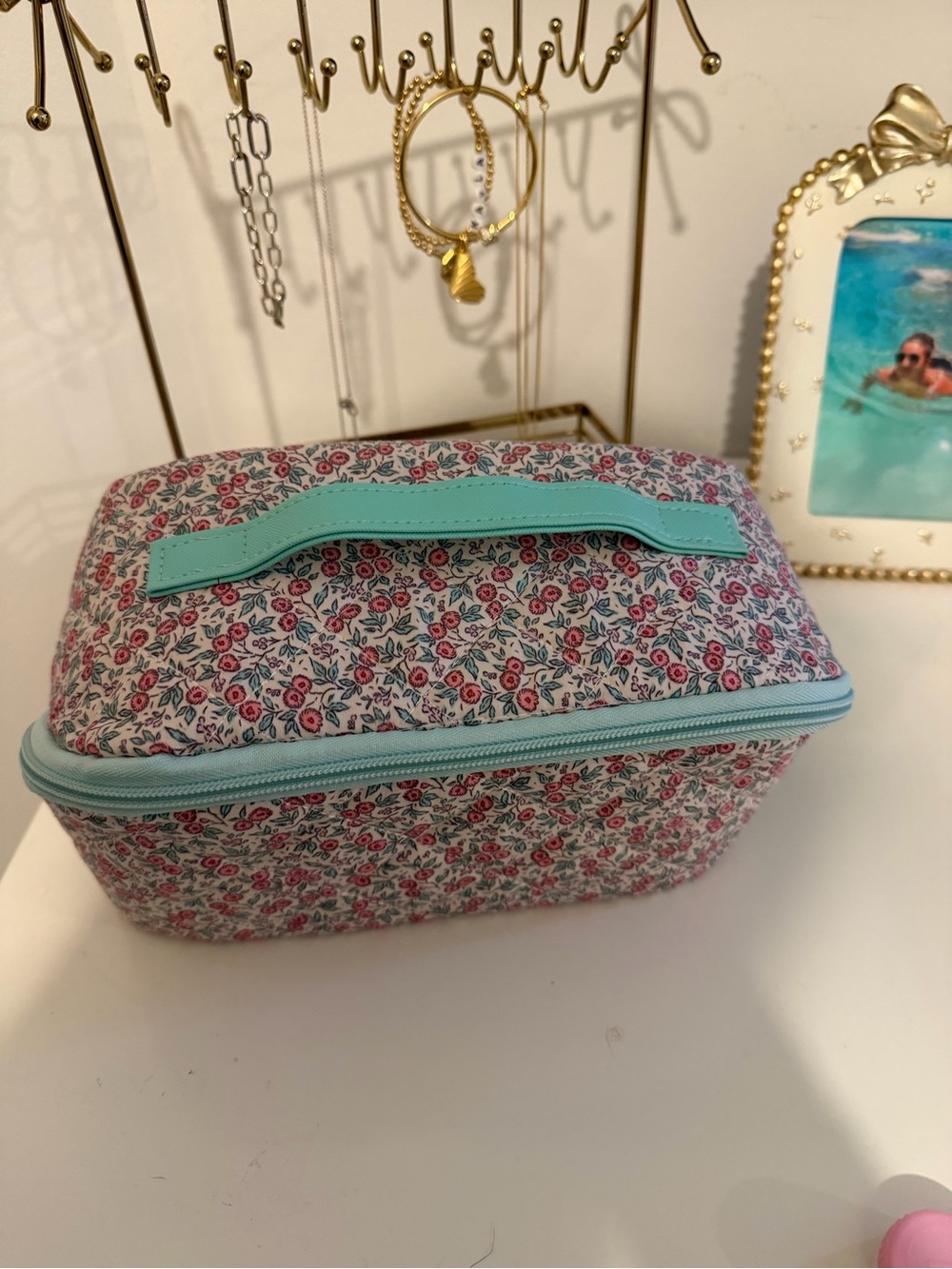 Floral Zip Cosmetic Case with Mint Handle